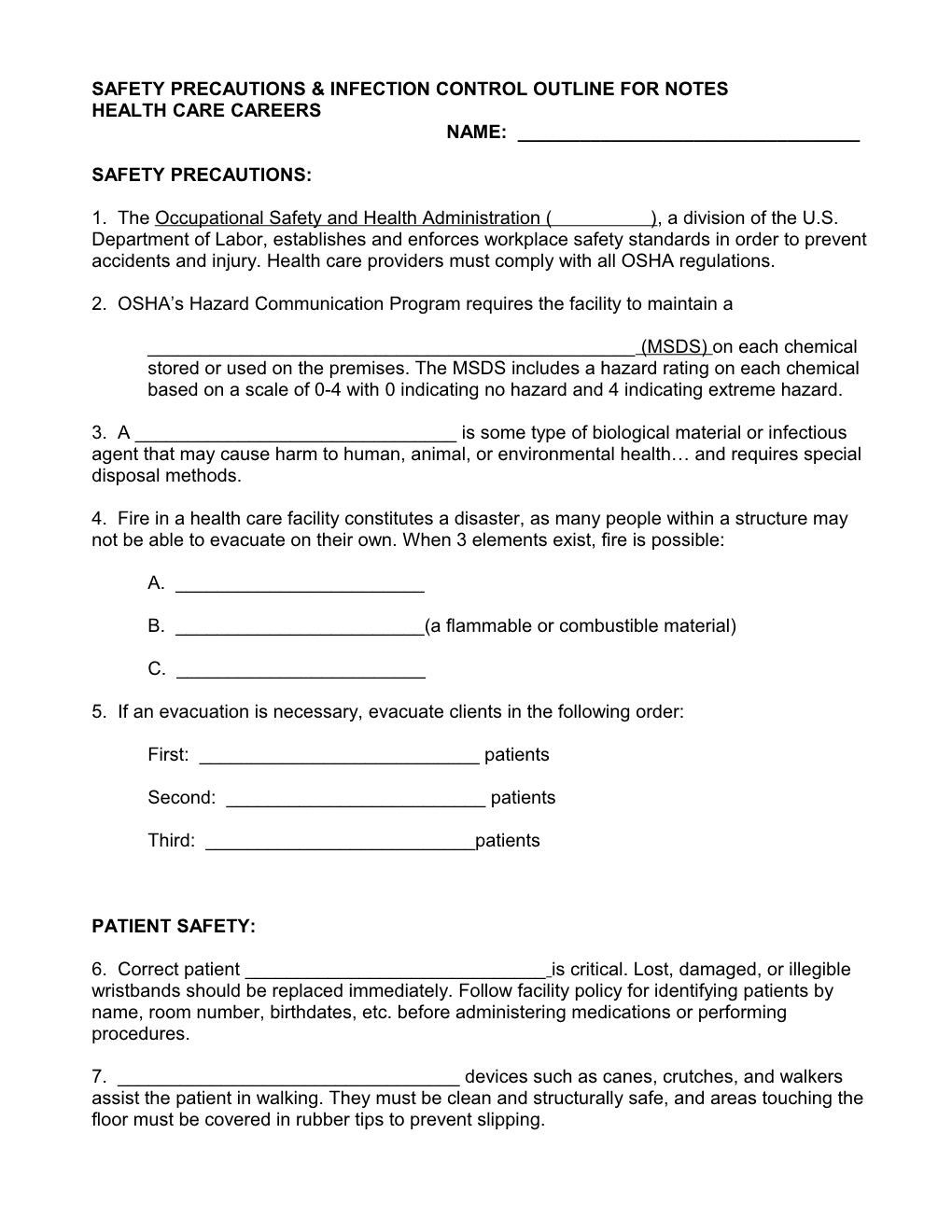 Safety Precautions & Infection Control Outline for Notes