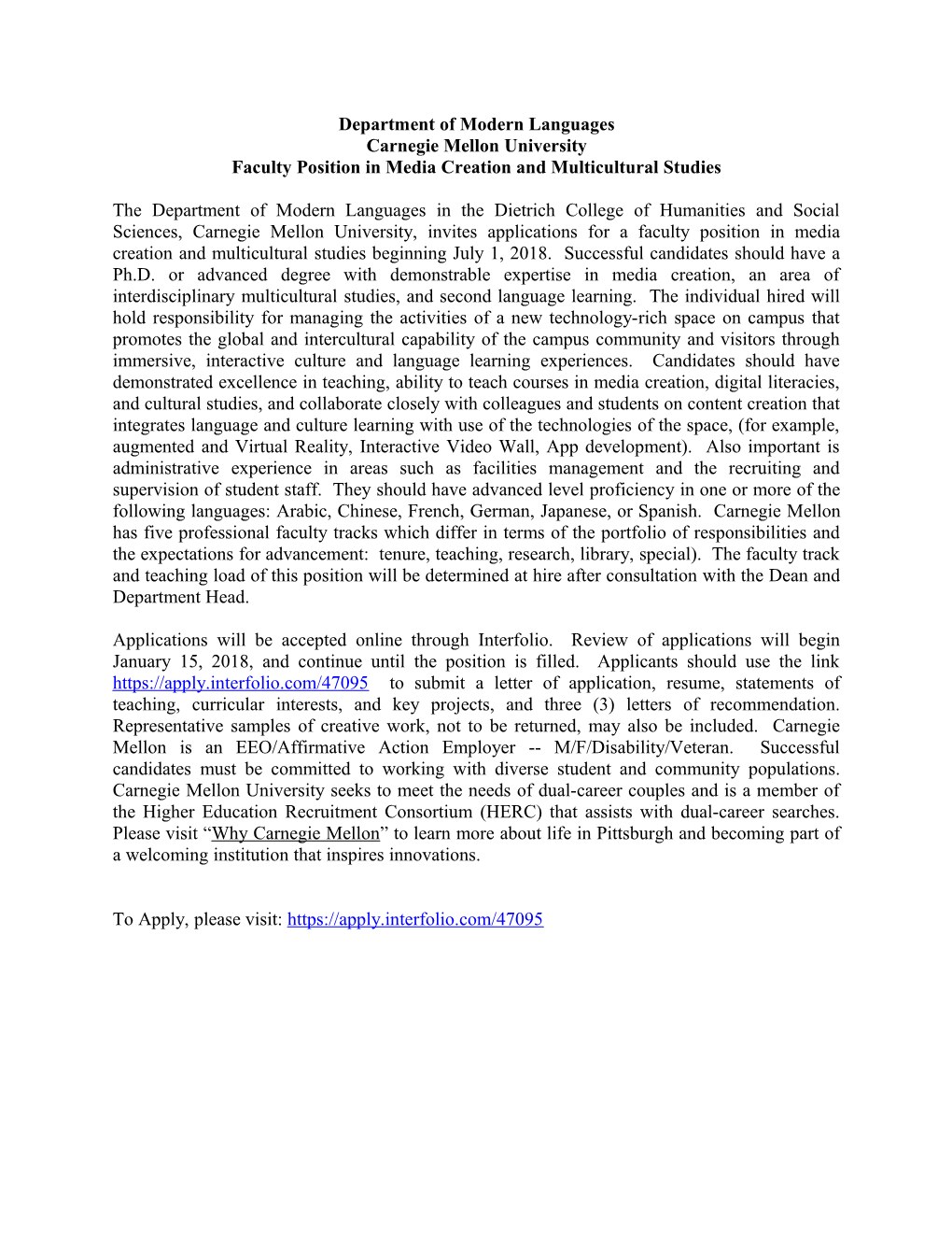 Faculty Position in Media Creation and Multicultural Studies