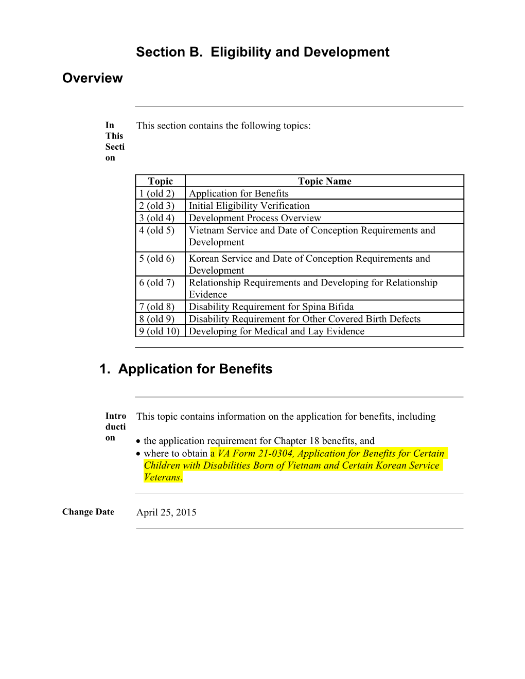 Section B. Eligibility and Development (U.S. Department of Veterans Affairs)