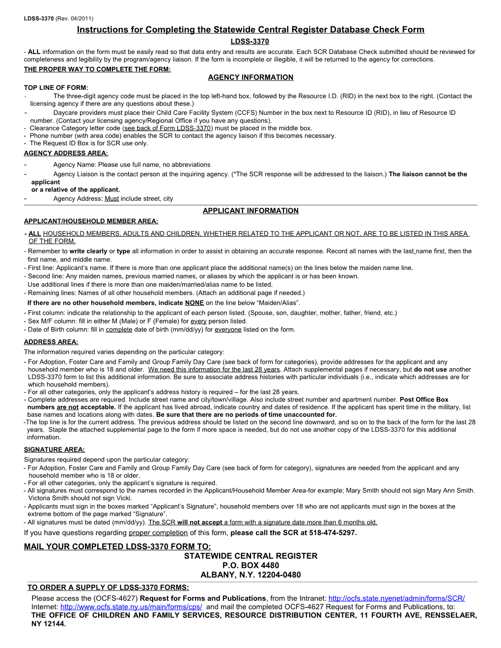 Instructions for Completing the Statewide Central Register Database Check Form