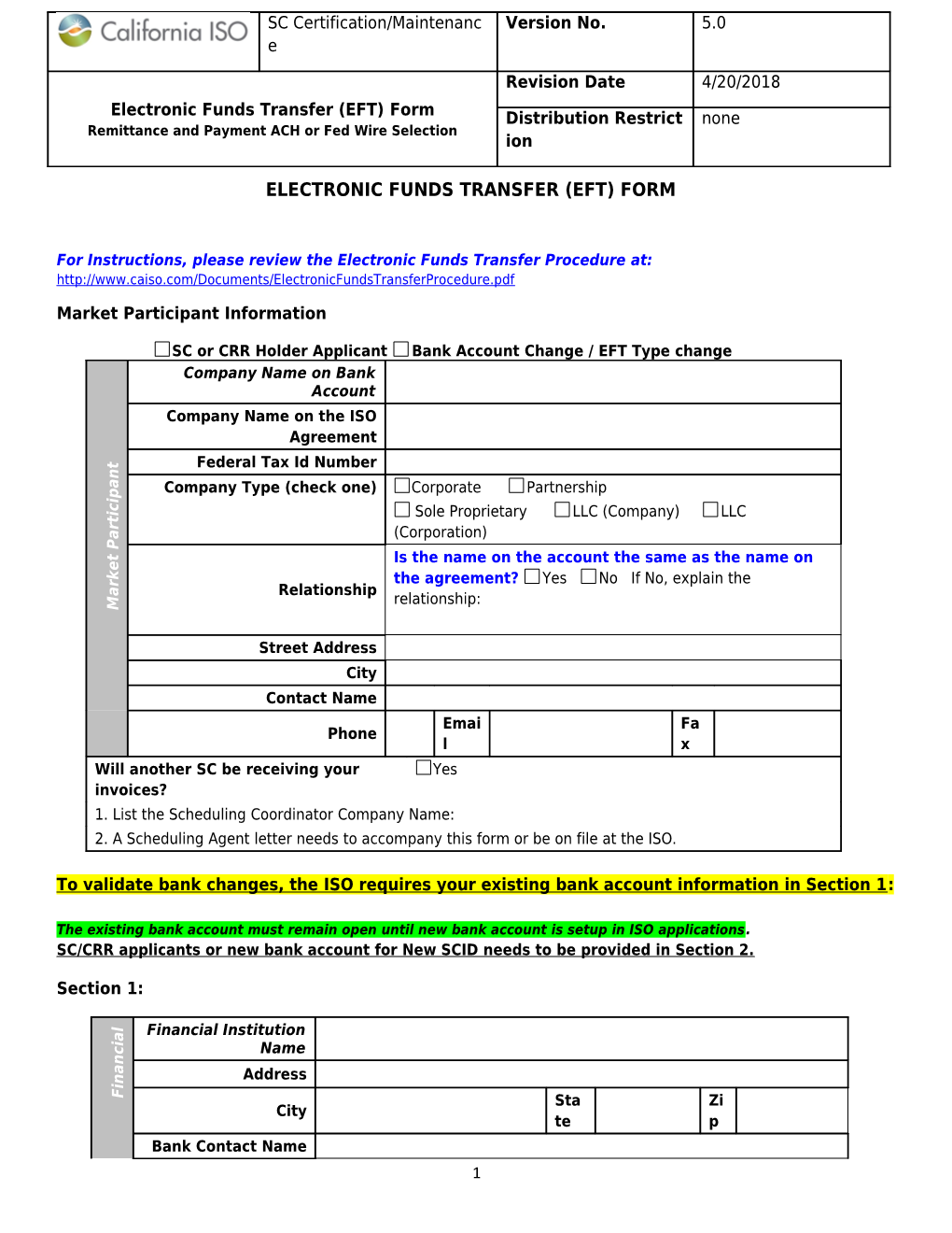 Electronic Funds Transfer Or Bank Account Change Form