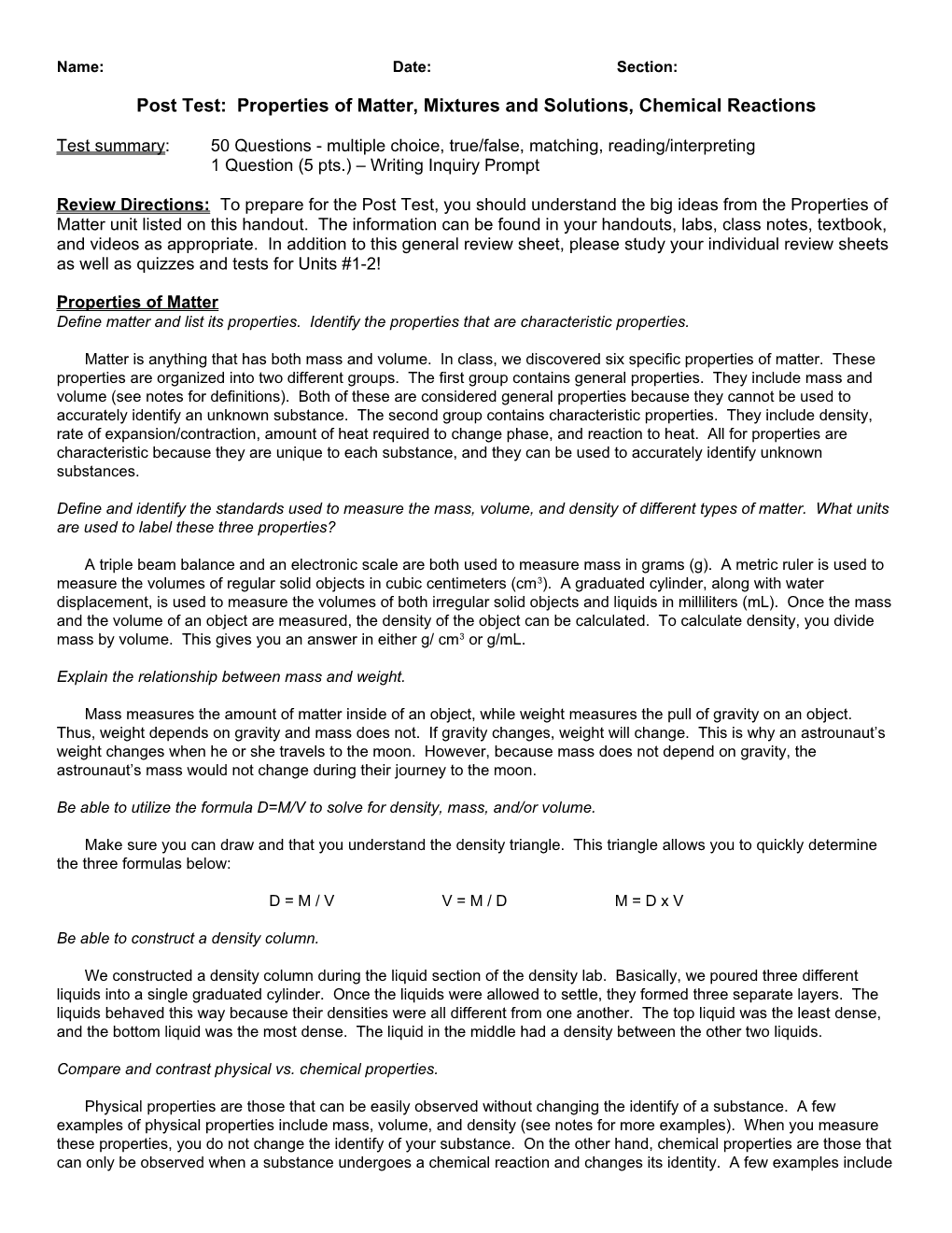 Post Test: Properties of Matter, Mixtures and Solutions, Chemical Reactions