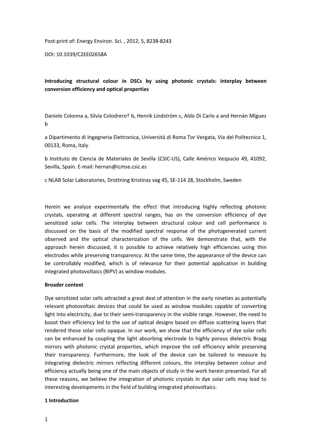 Post-Print Of: Energy Environ. Sci. , 2012, 5, 8238-8243