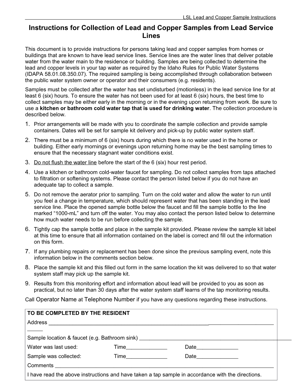 Instructions for Collection Oflead and Copper Samples from Lead Service Lines