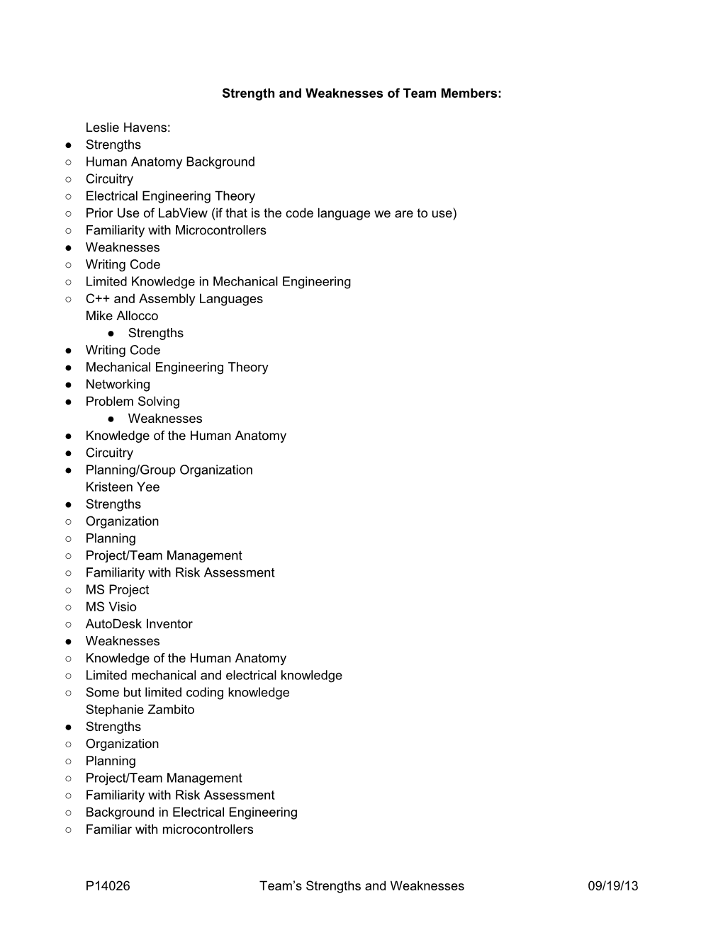 Team Strengths and Weaknesses