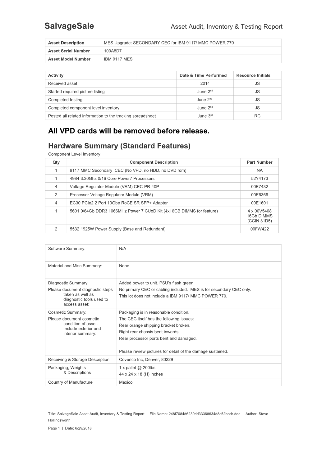 Salvagesale Asset Audit, Inventory & Testing Report s3