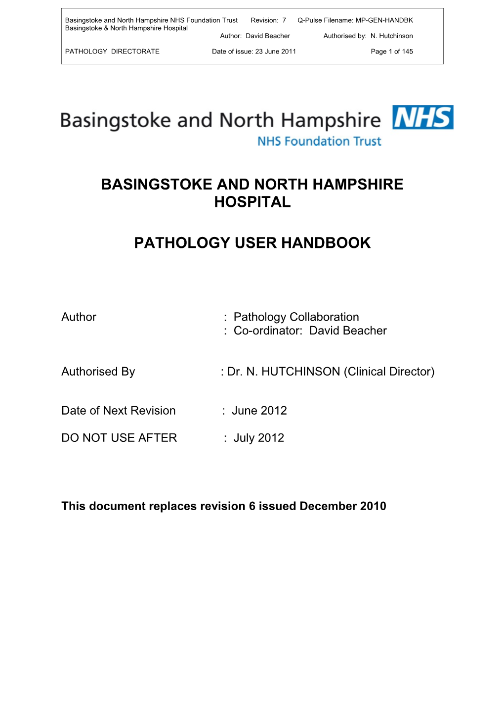 Basingstoke and North Hampshire NHS Foundation Trust Revision: 7 Q-Pulse Filename: MP-GEN-HANDBK