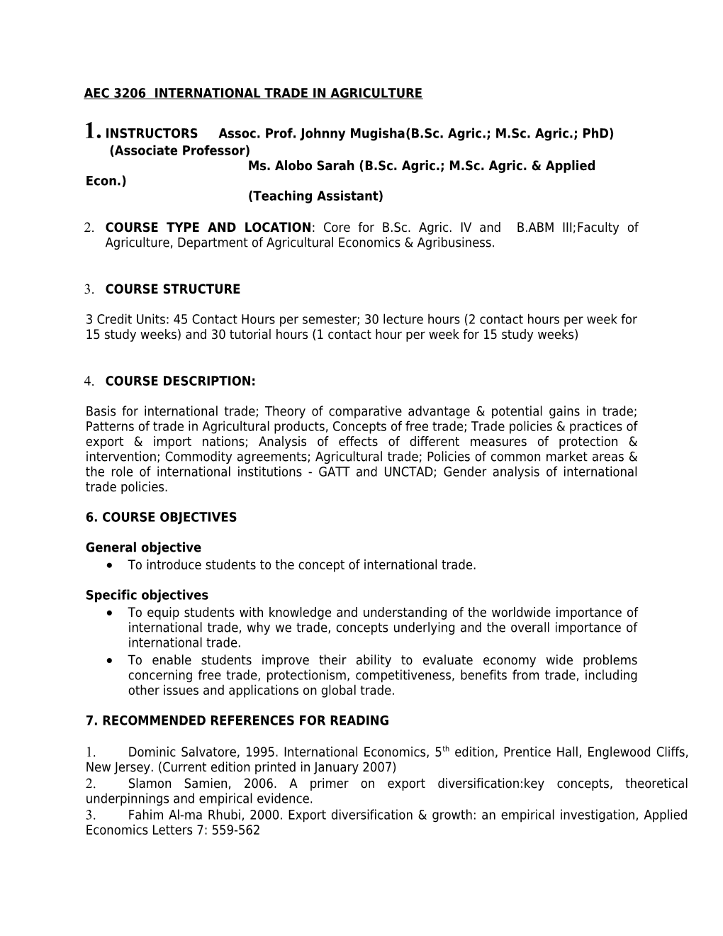 Aec 3206 International Trade in Agriculture