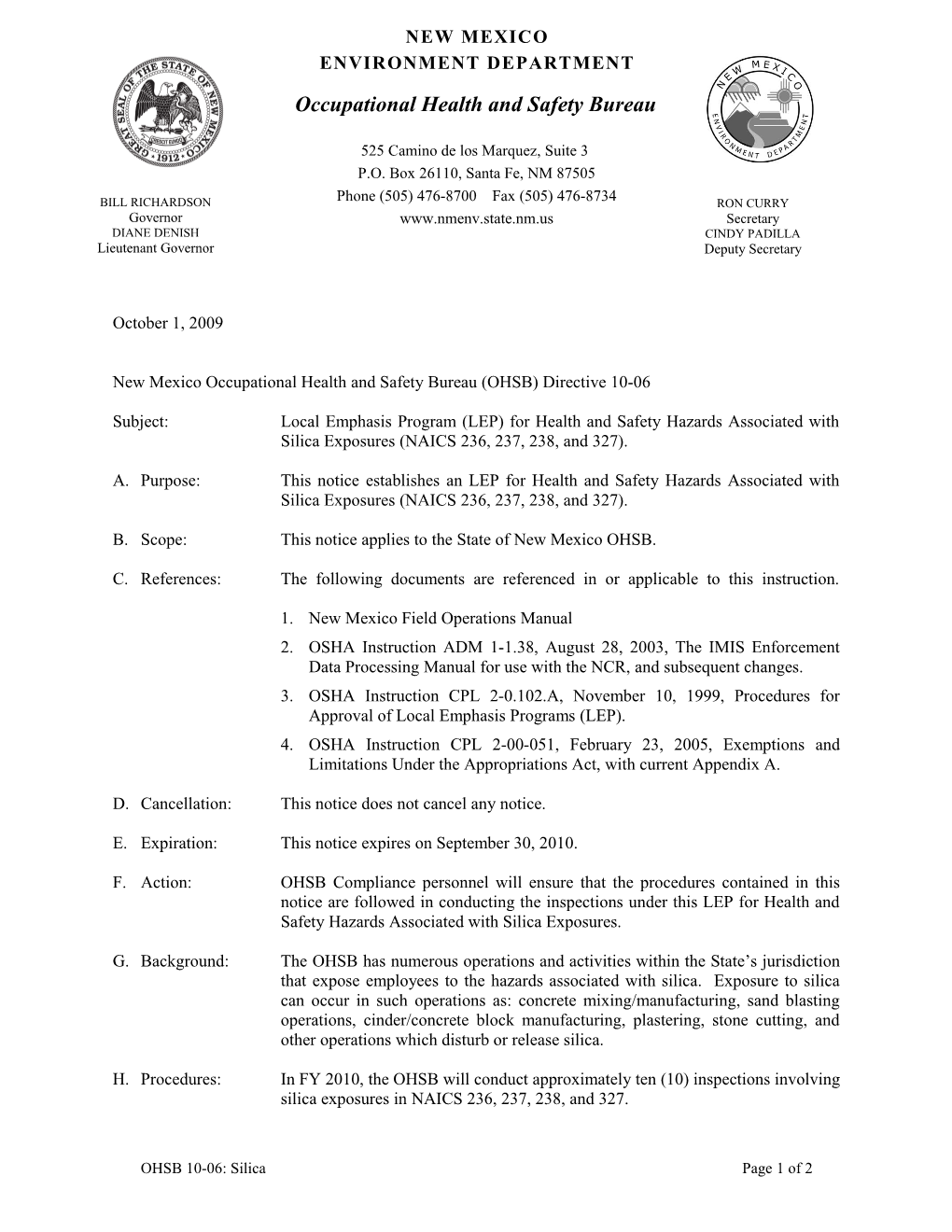New Mexico Occupational Health and Safety Bureau (OHSB) Directive 10-06