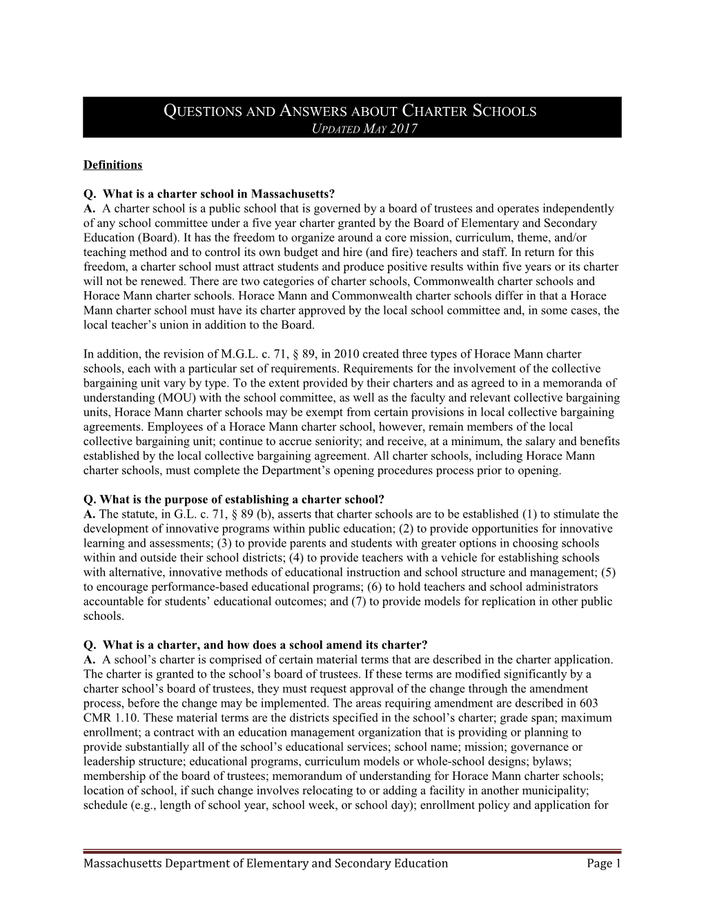 Questions and Answers About Charter Schools in Massachusetts - Updated May 2017