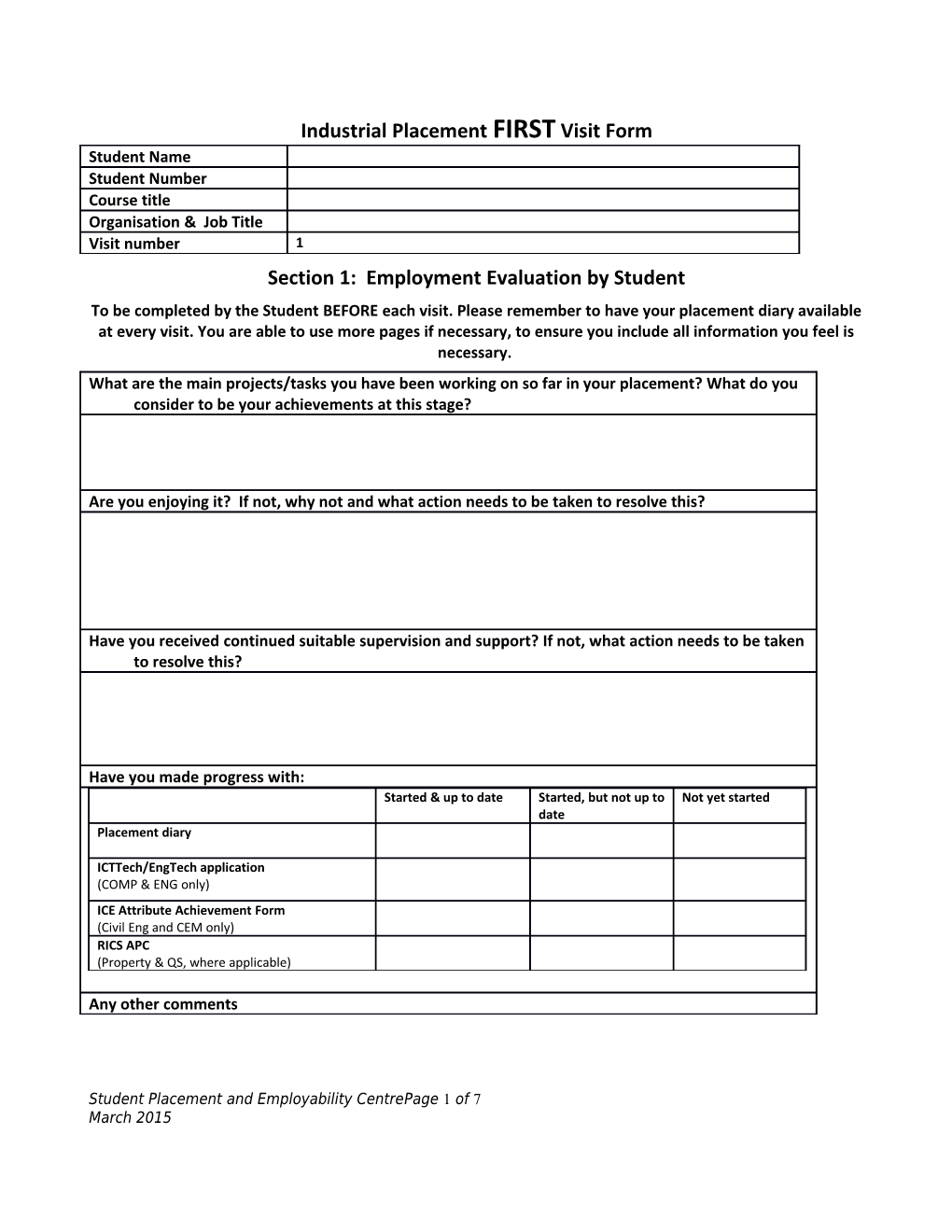 Industrial Placement Firstvisit Form