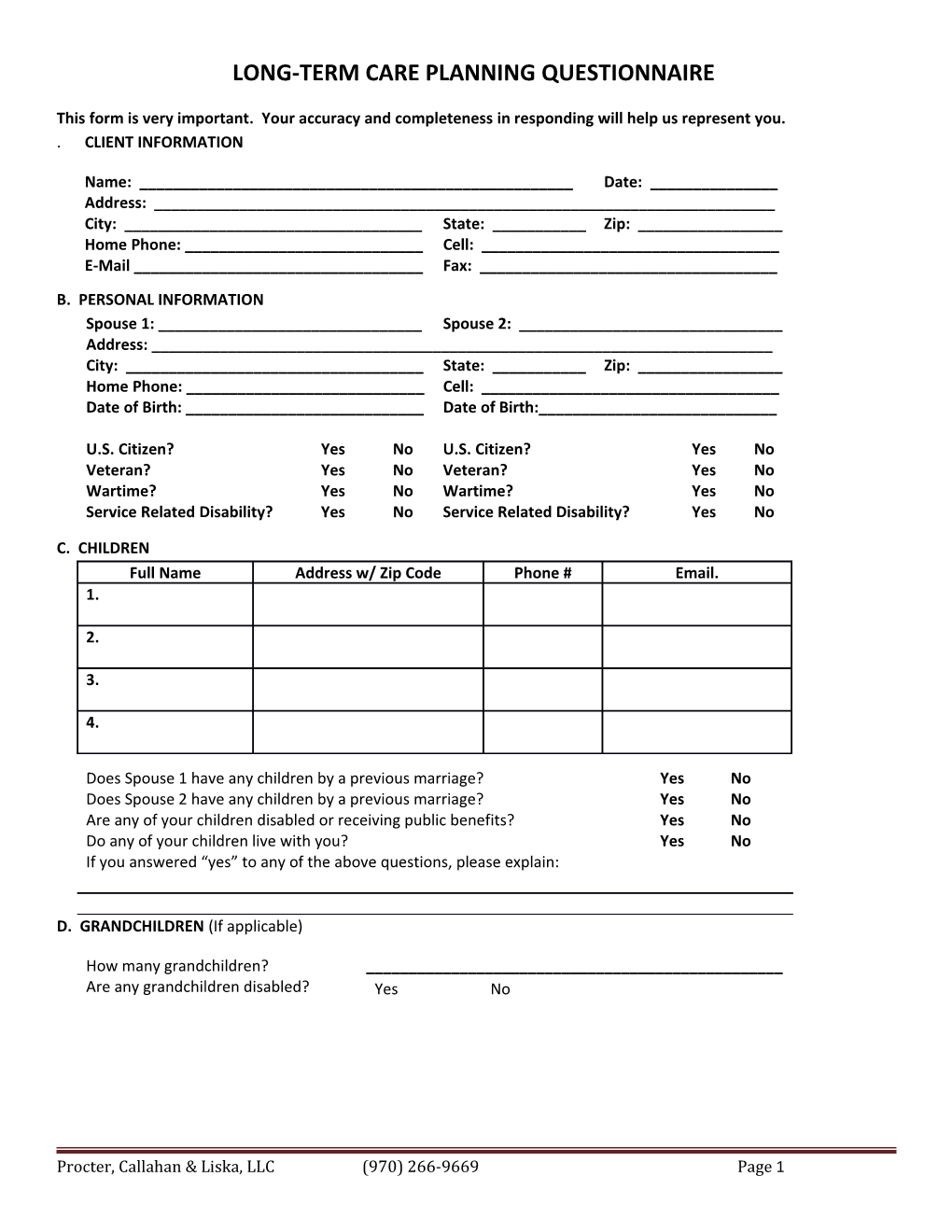 Long-Term Care Planning Questionnaire