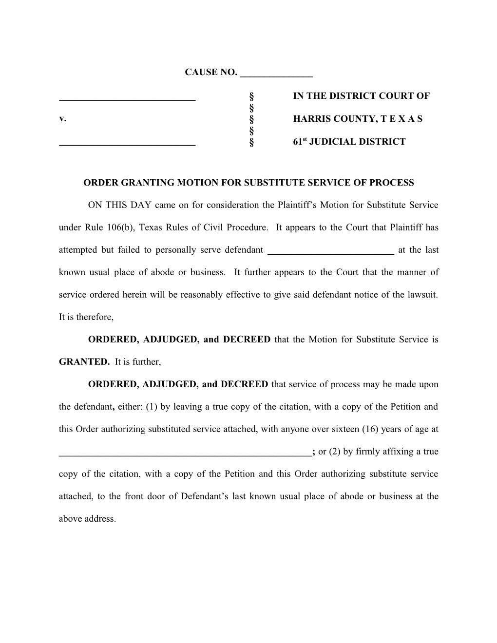 Order Granting Motion for Substitute Service of Process