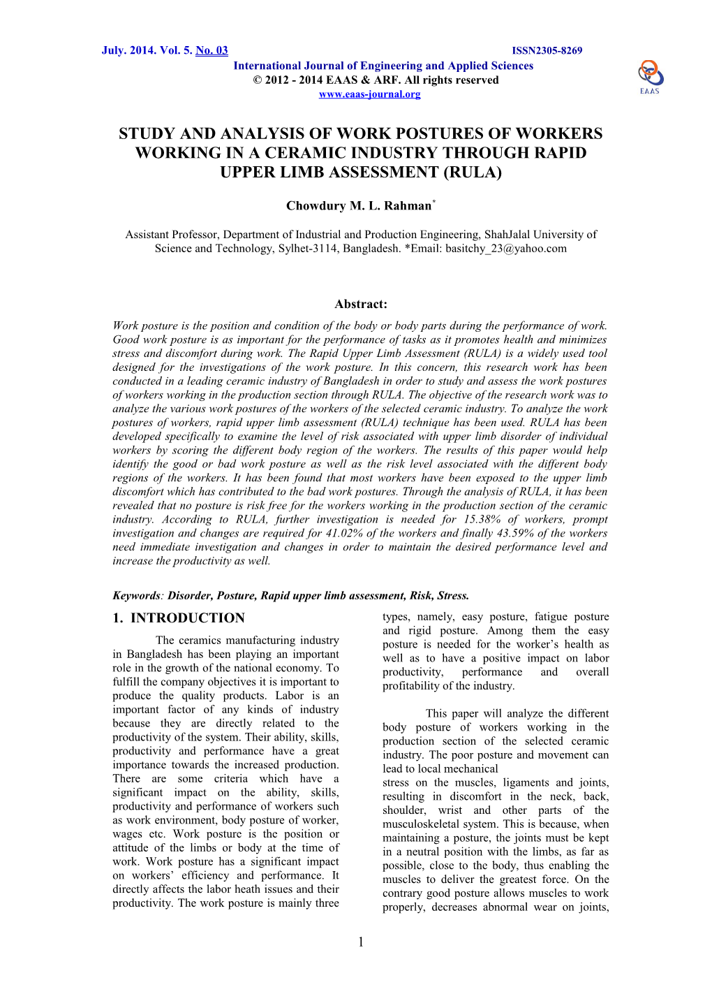 Analysis of Work Postures of Workers Working in a Ceramic Industry Through Rapid Upper