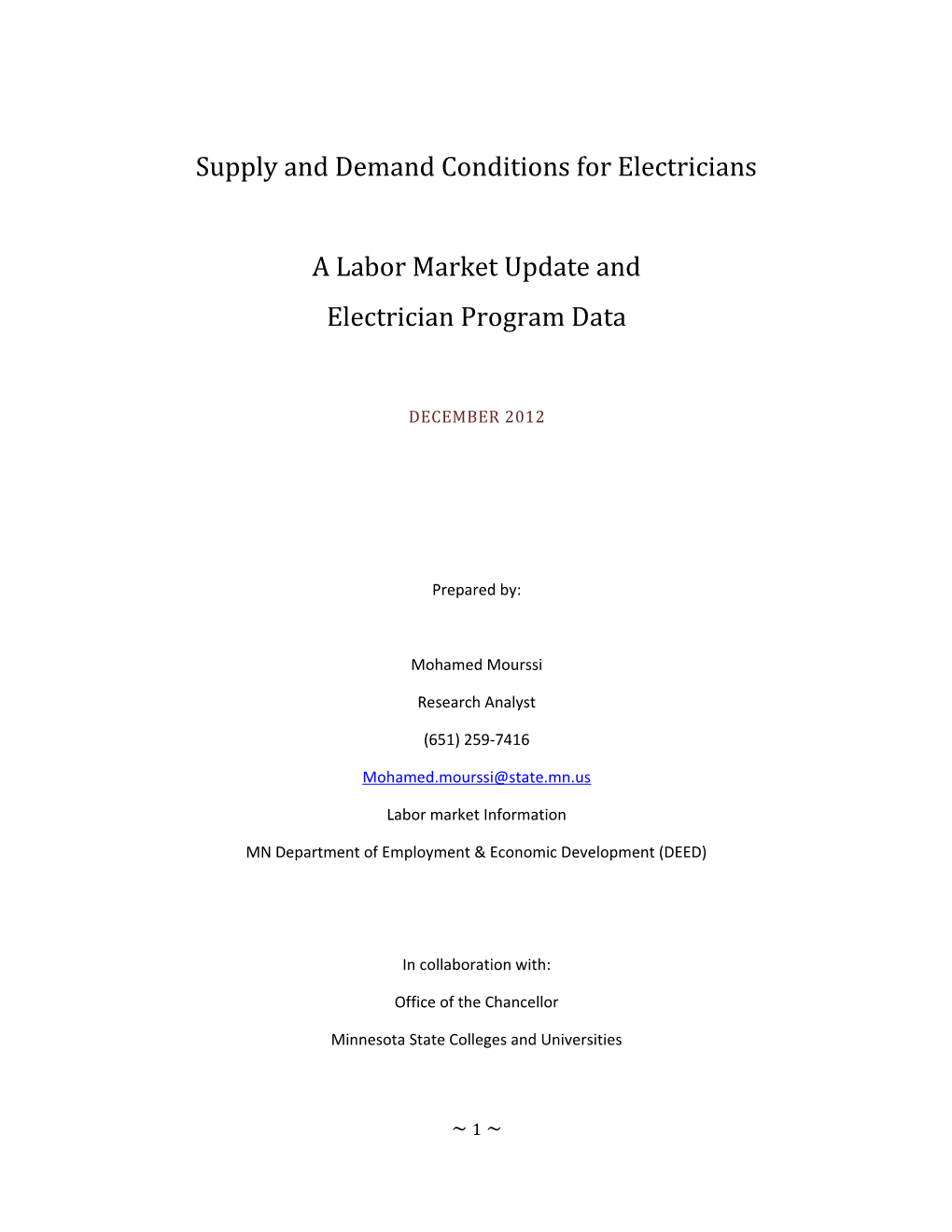 Supply and Demand Conditions for Electricians