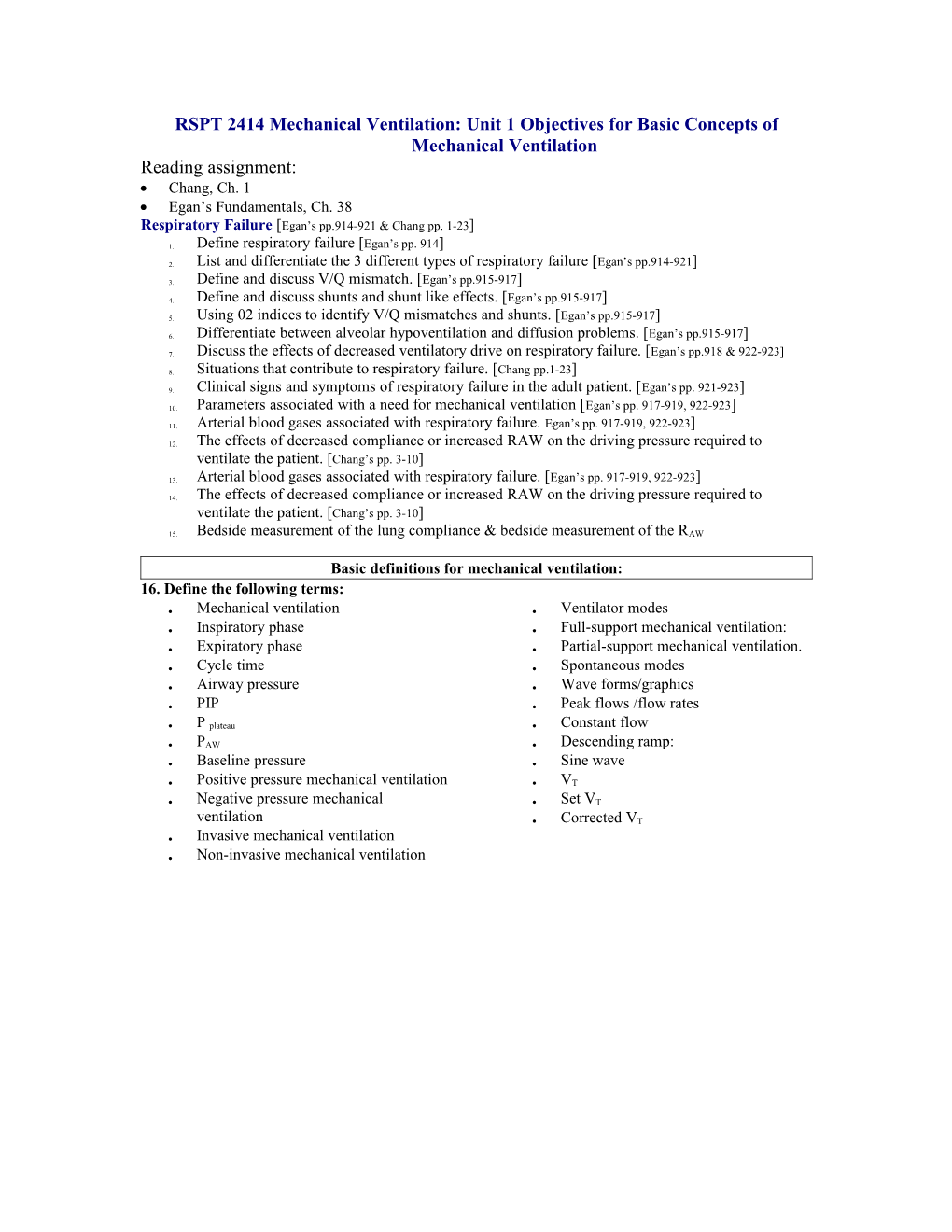 Objectives for Basic Concepts of Mechanical Ventilation