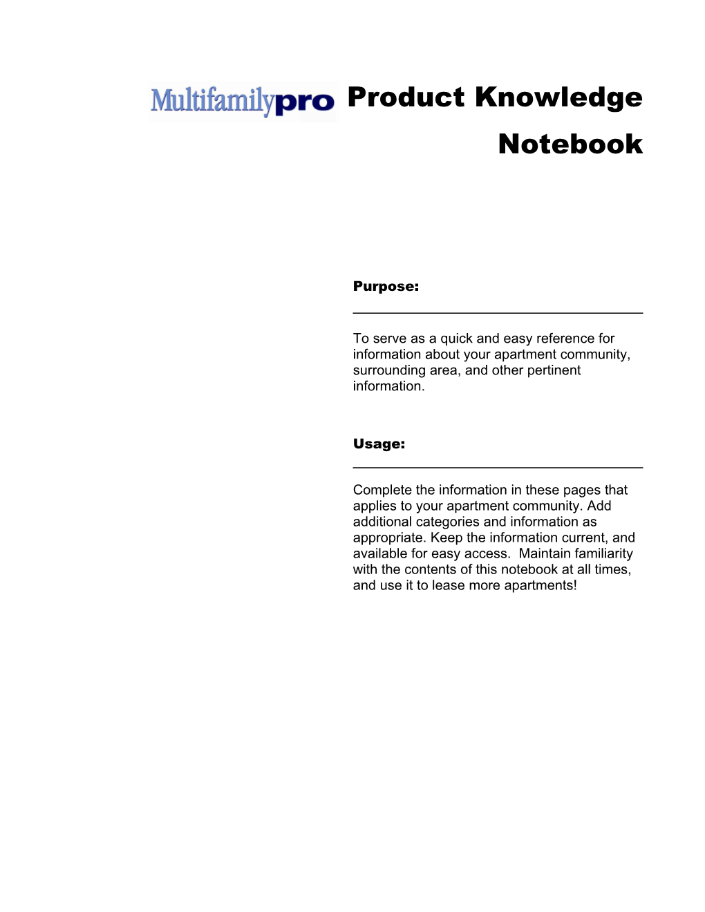 Product Knowledge Notebook Page 1