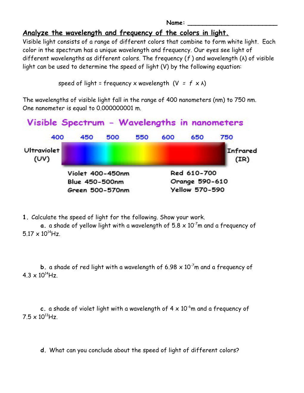 Analyze the Wavelength and Frequency of the Colors in Light