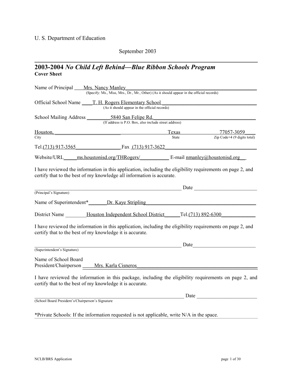 T. H. Rogers Elementary School 2004 No Child Left Behind-Blue Ribbon School Application (Msword)