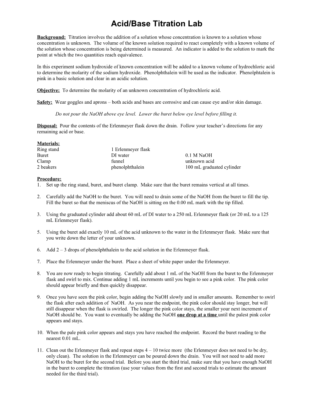 Acid/Base Titration Lab