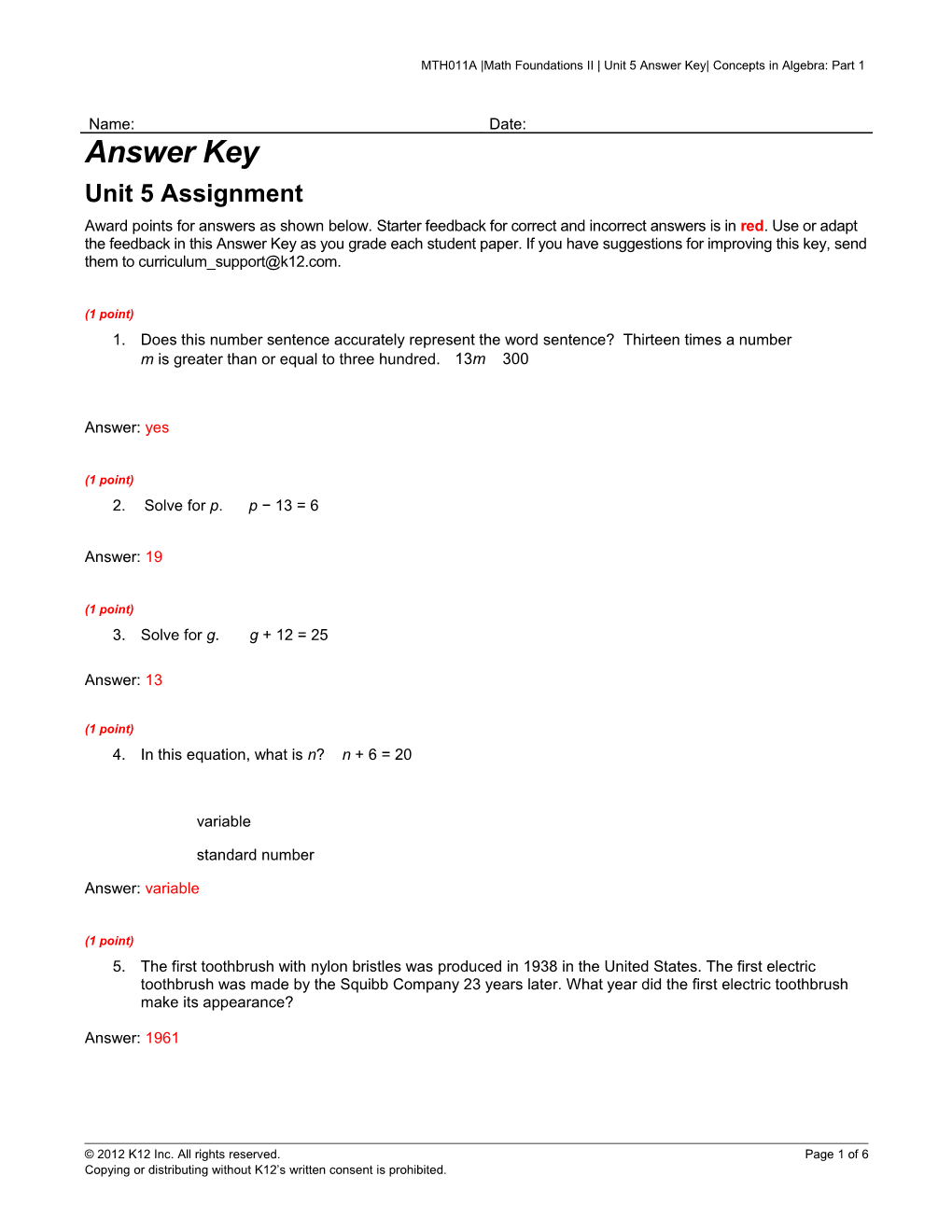 MTH011A Math Foundations II Unit 5 Answer Key Concepts in Algebra: Part 1