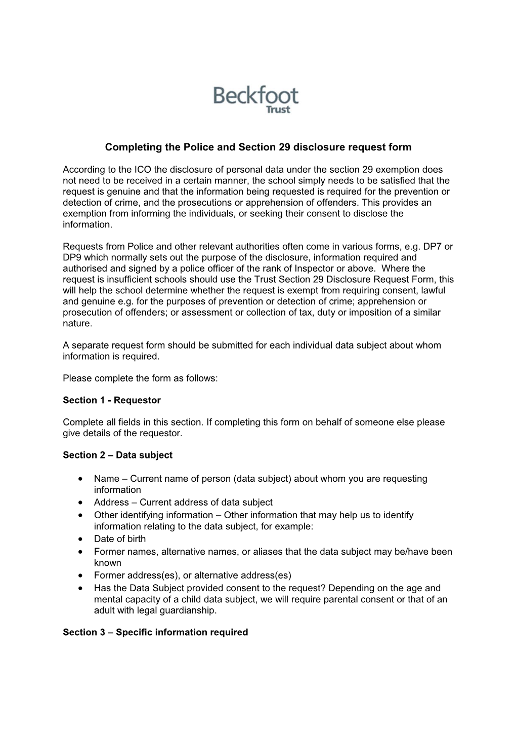 Completing the Police and Section 29 Disclosure Request Form