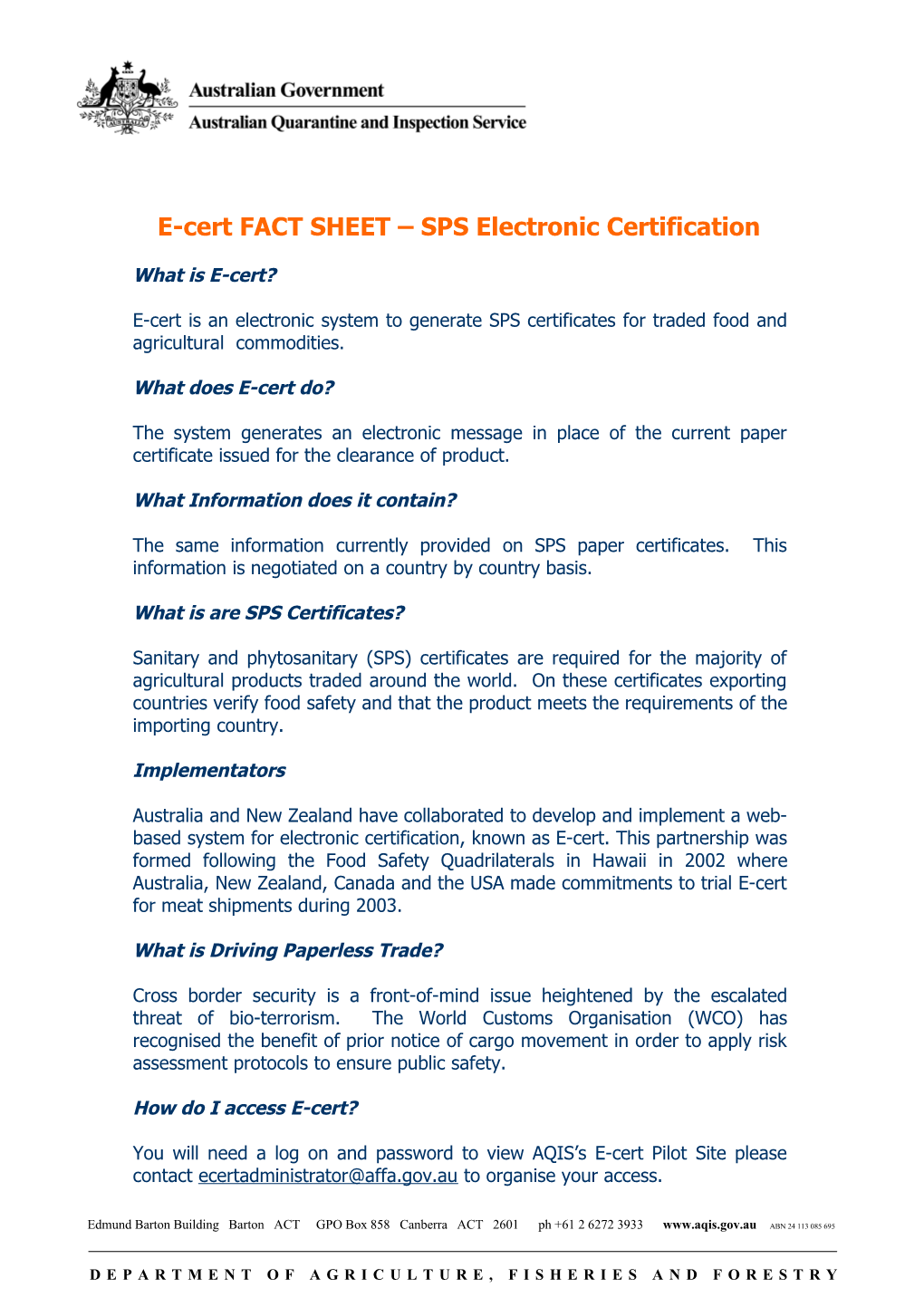 E-Cert FACT SHEET SPS Electronic Certification