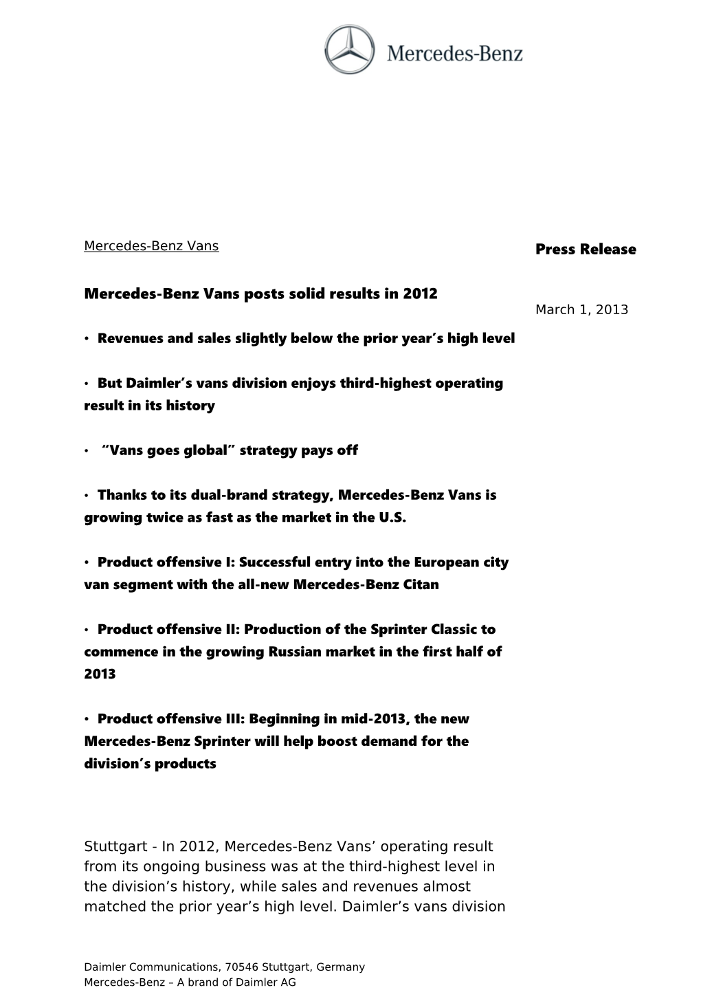 Mercedes-Benz Vans Posts Solid Results in 2012
