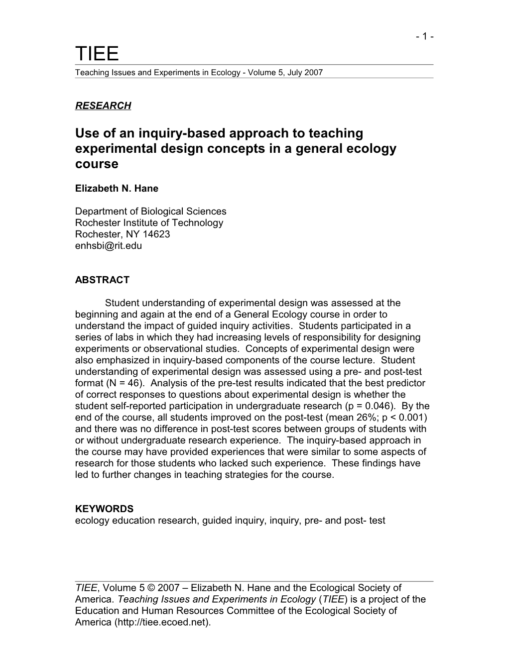 Pedagogical Assessment of Experimental Design Concepts in Ecology