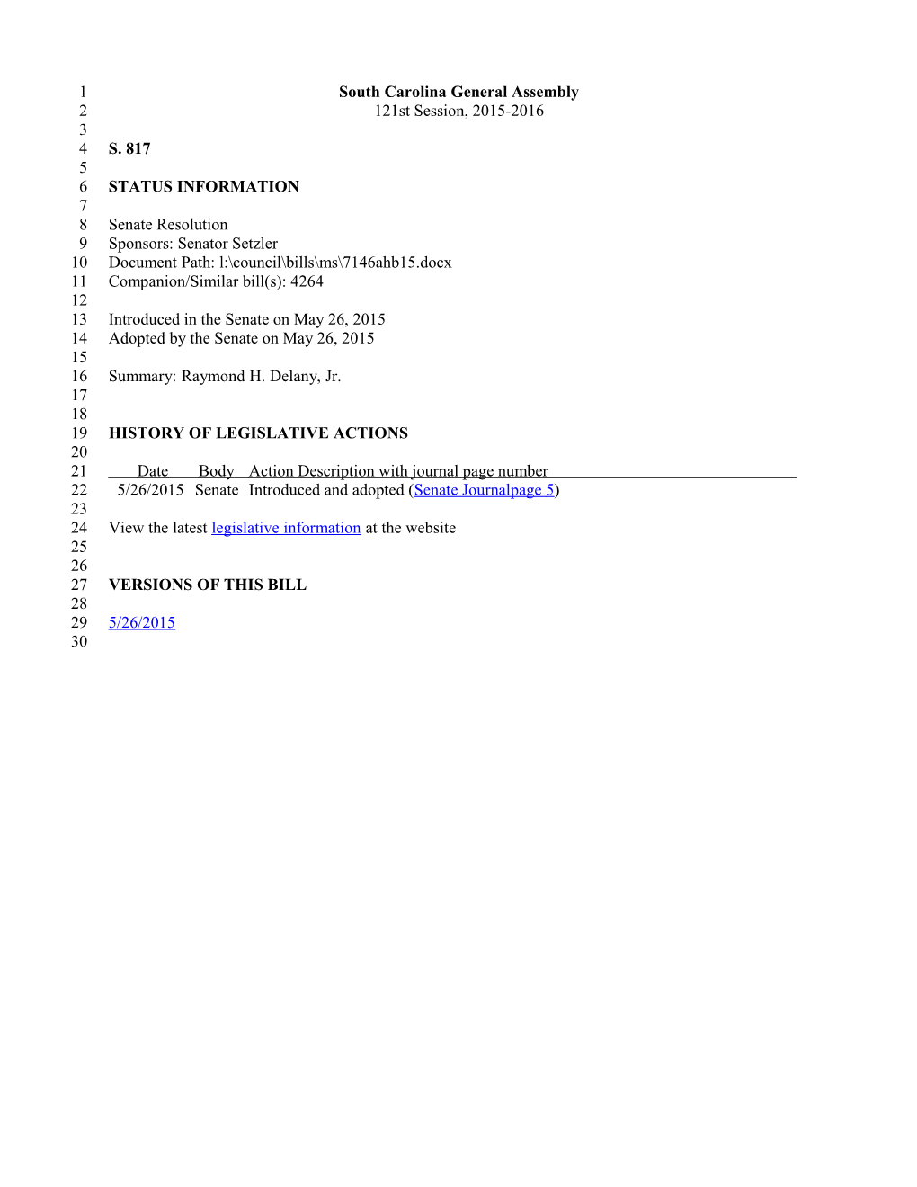 2015-2016 Bill 817: Raymond H. Delany, Jr. - South Carolina Legislature Online