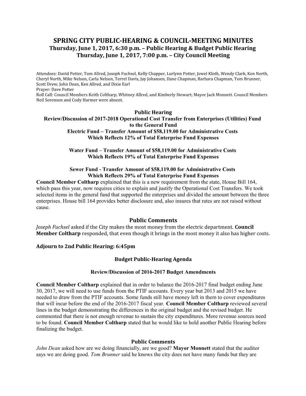 Spring City Public-Hearing & Council-Meeting Minutes