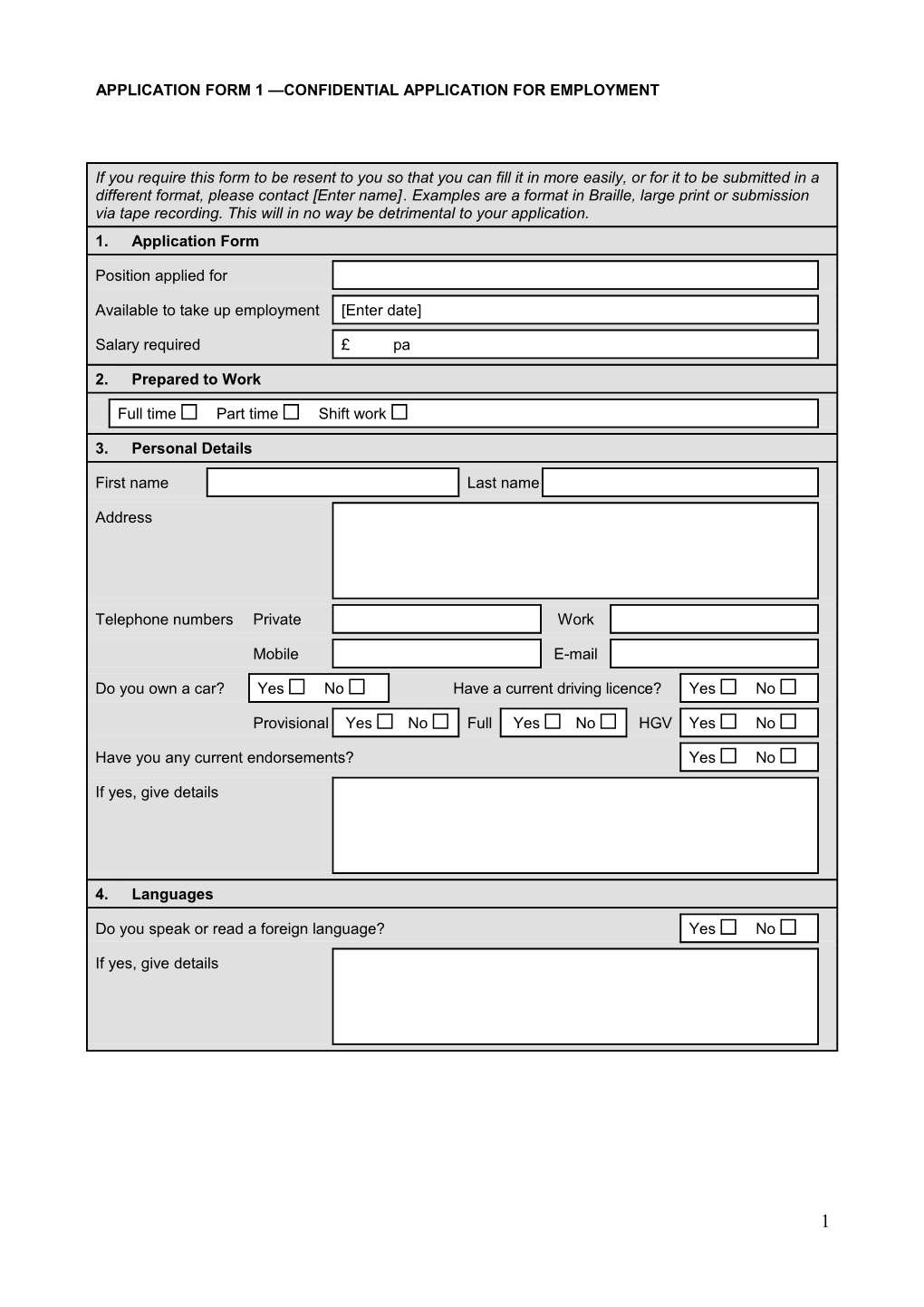 Application Form 1 Confidential Application for Employment