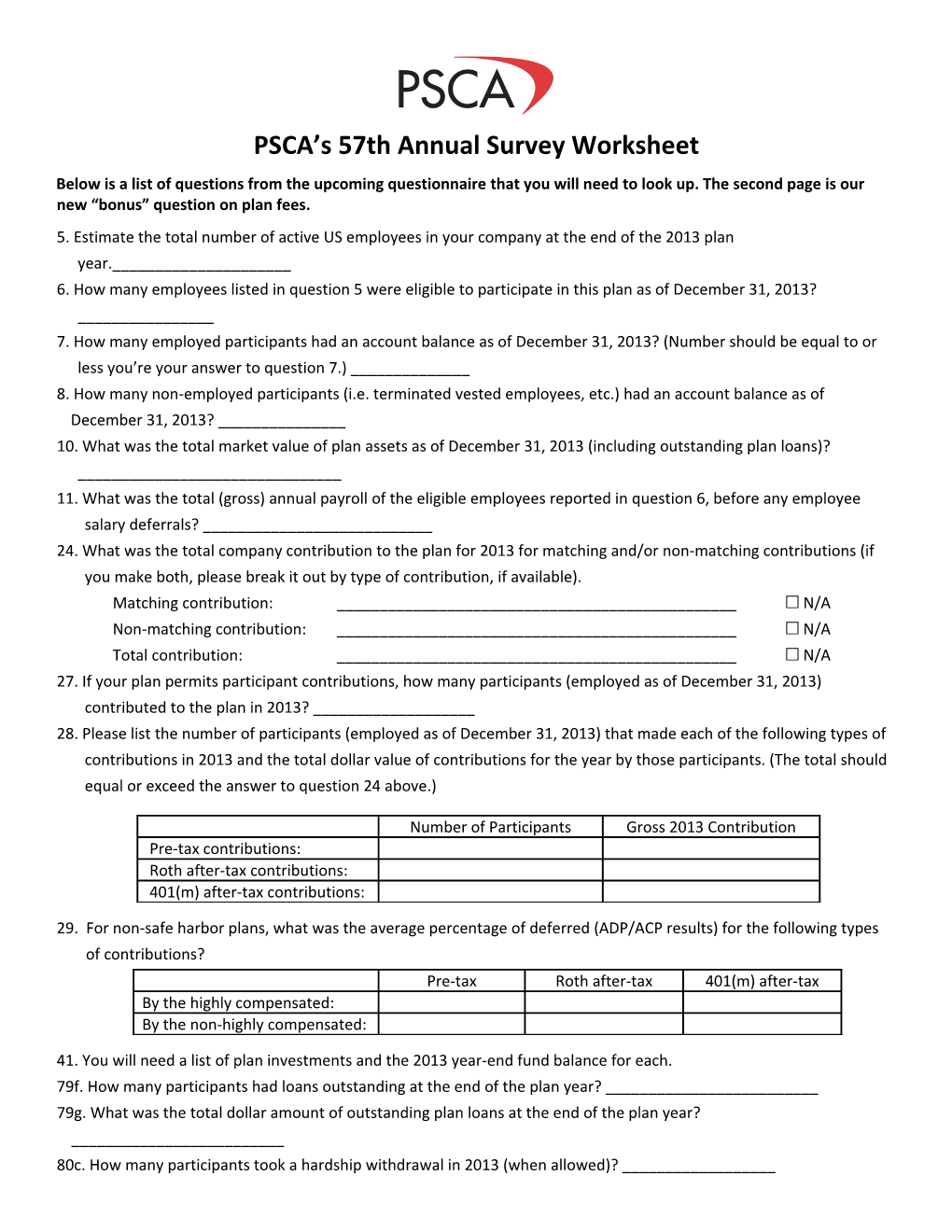 PSCA S 57Th Annual Survey Worksheet