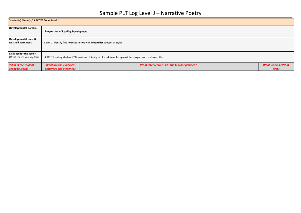 Student(S) Name(S)/ ARCOTS Code: Level I