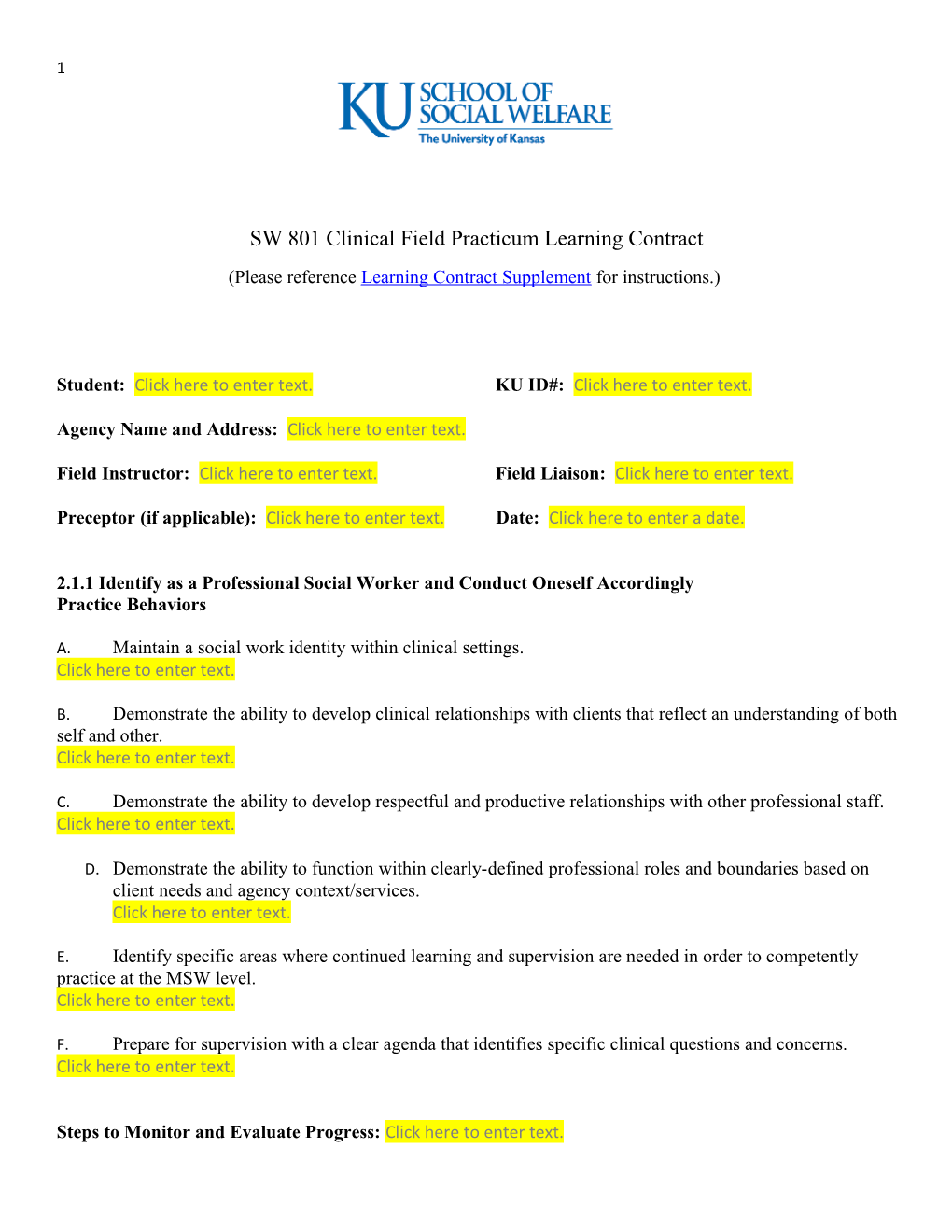 SW 801 Clinical Field Practicum Learning Contract