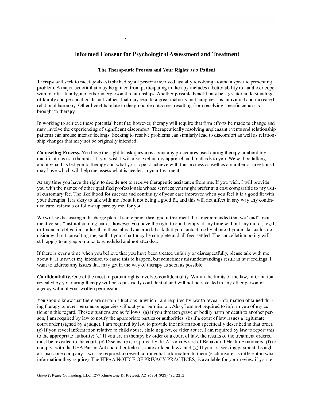 Informed Consent for Psychological Assessment and Treatment