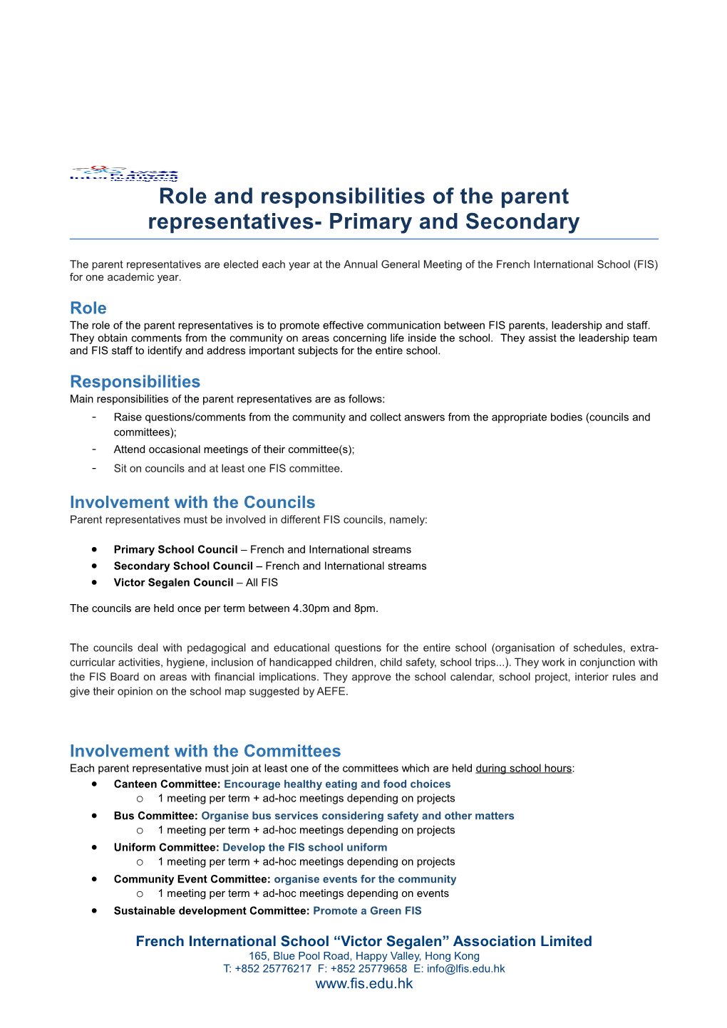 Role and Responsibilities of the Parent Representatives- Primary and Secondary