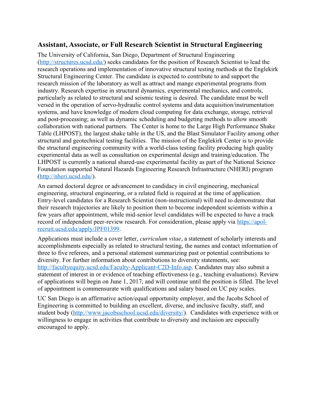 Assistant, Associate, Or Full Research Scientist in Structural Engineering