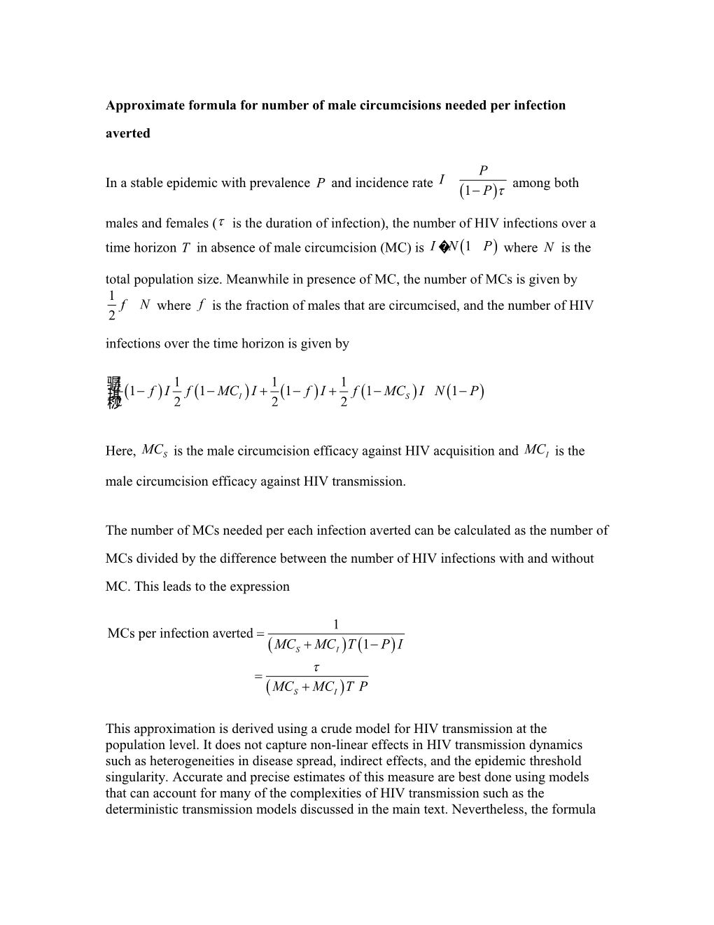 Approximate Formula for Number of Mcs Needed Per Infection Averted