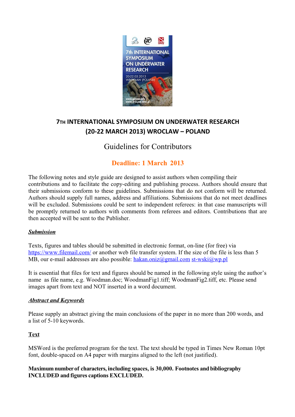 7Th INTERNATIONAL SYMPOSIUM on UNDERWATER RESEARCH (20-22 MARCH 2013) WROCLAW POLAND