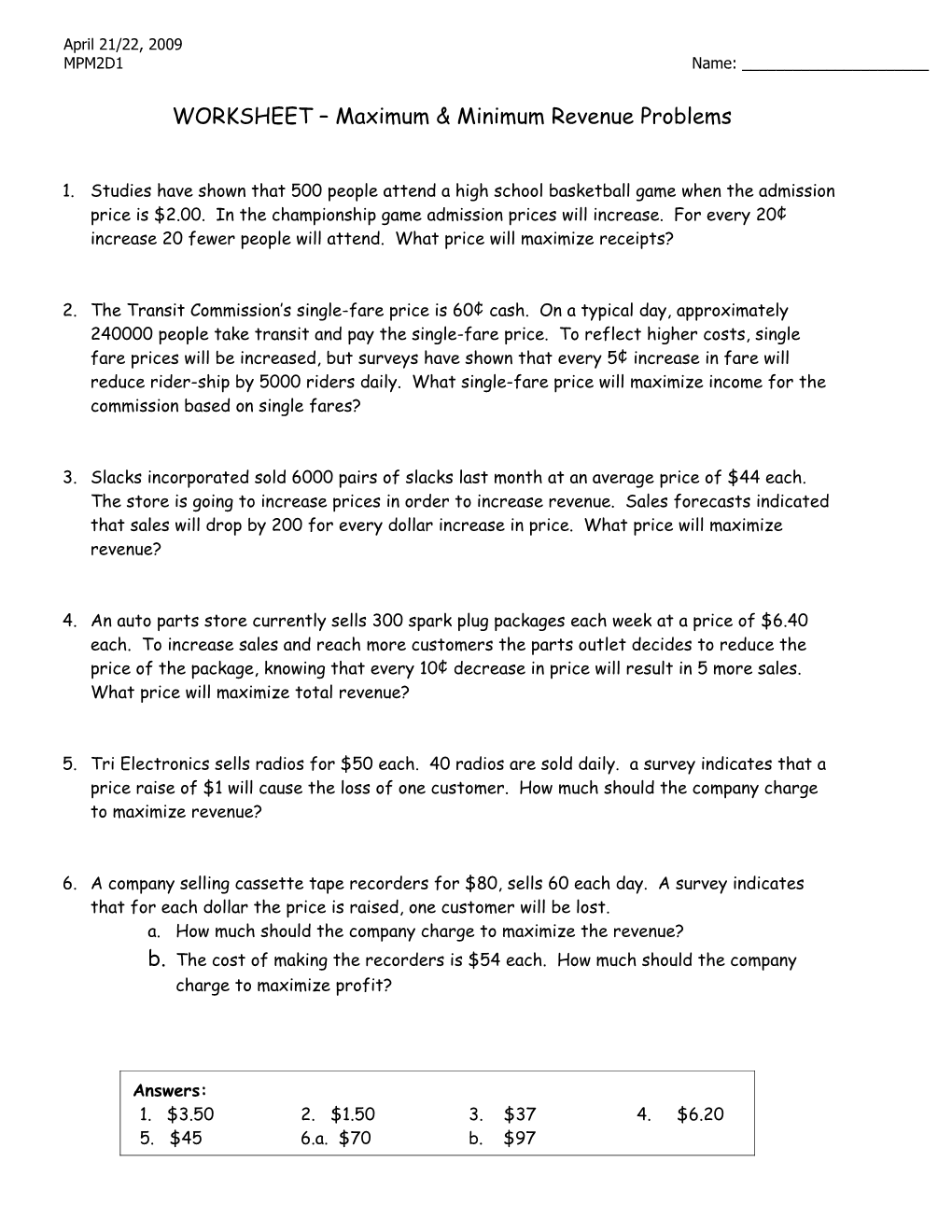 WORKSHEET Maximum & Minimum Revenue Problems