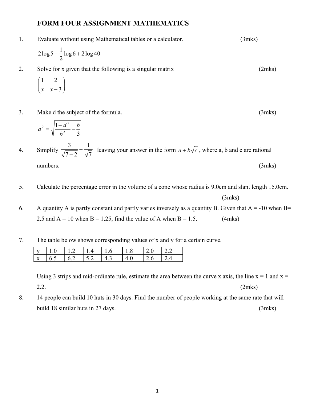 Form Four Assignment Mathematics