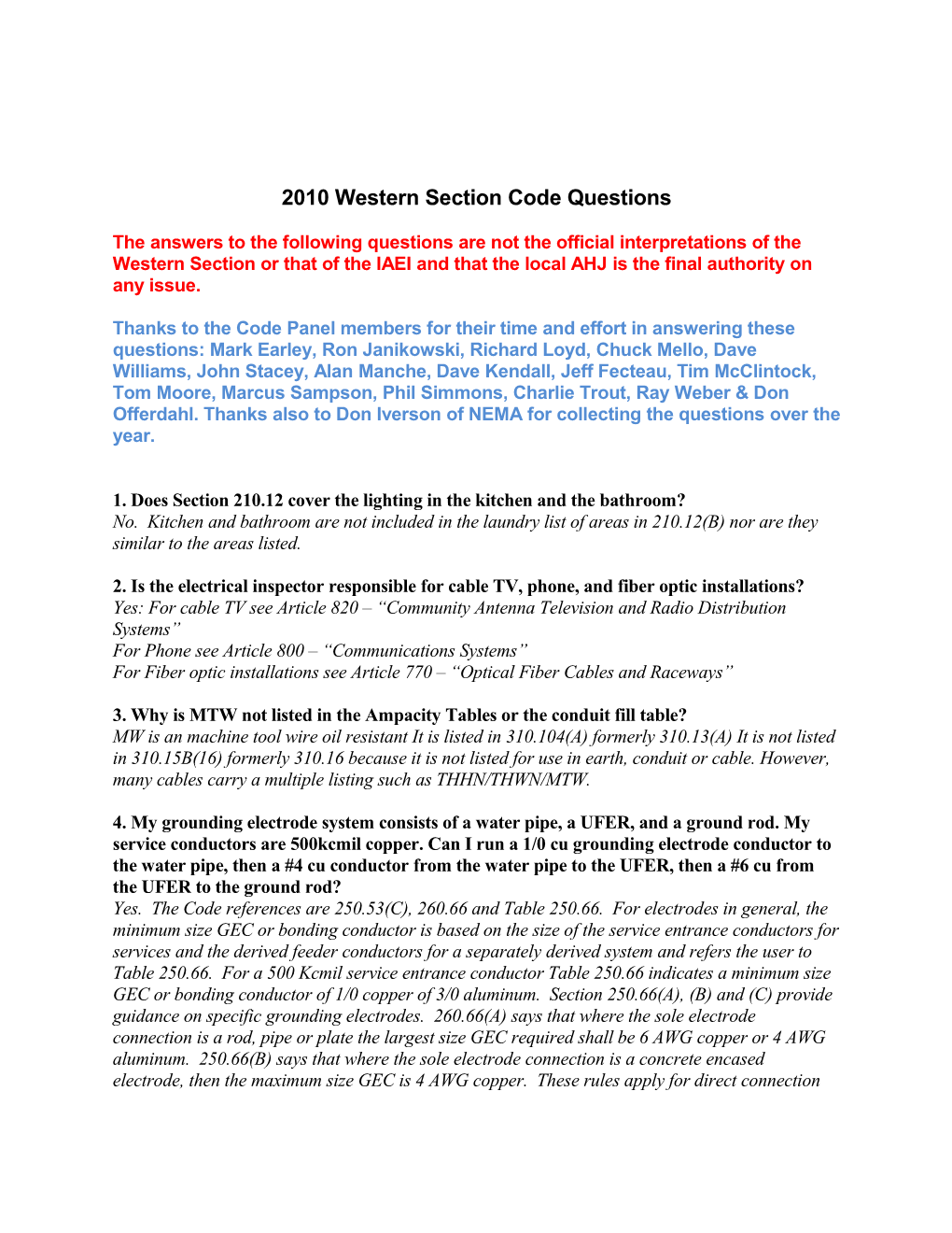 2010 Western Section Code Questions