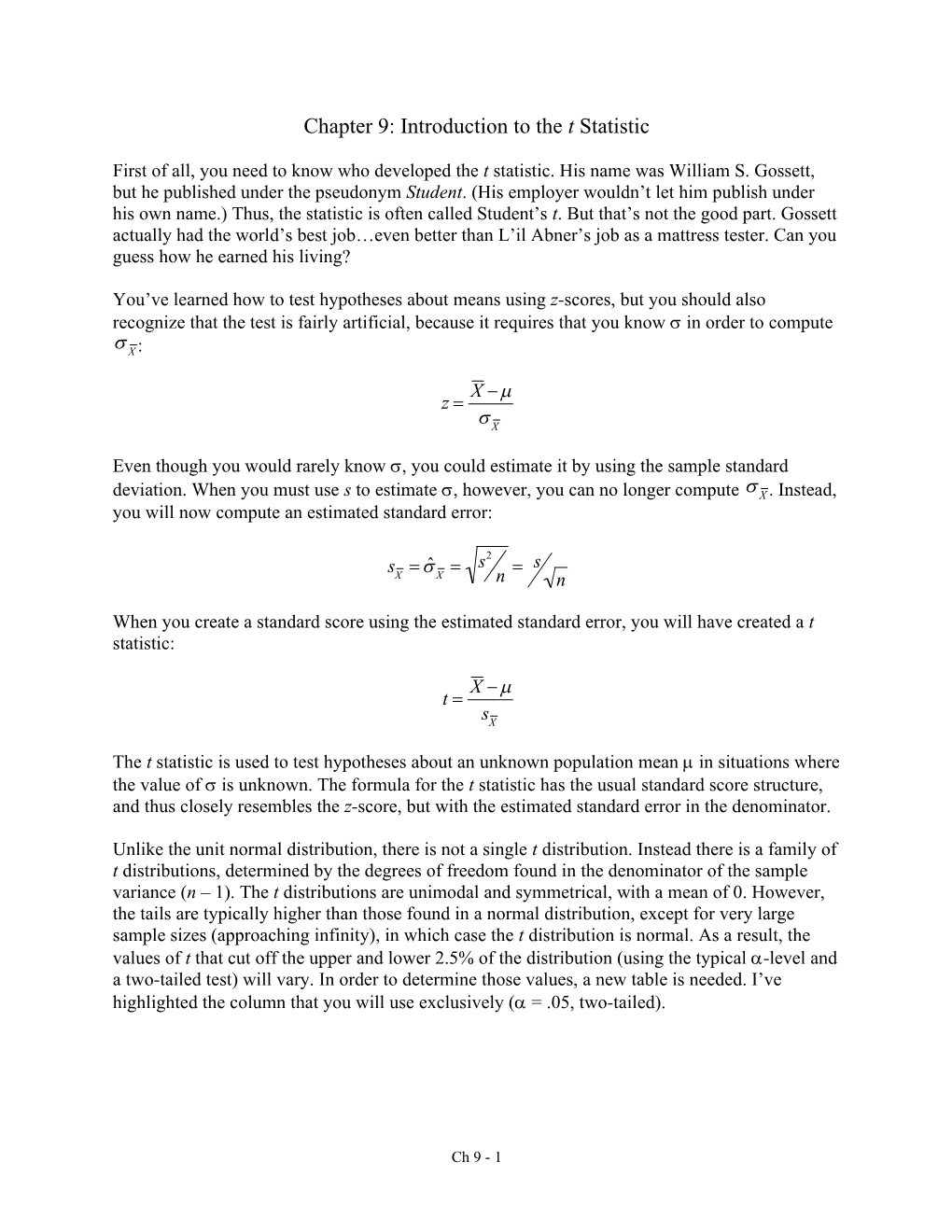 Chapter 9: Introduction to the T Statistic