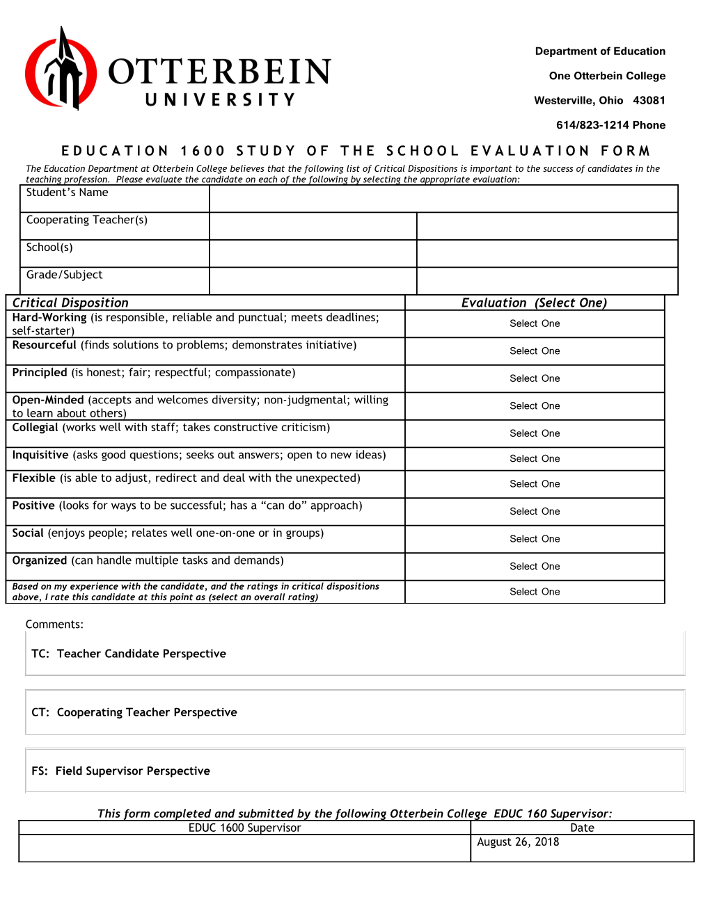 Education 1600 Study of the School Evaluation Form