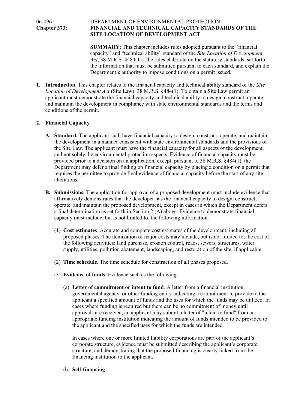 Chapter 373:	FINANCIAL CAPACITY STANDARD of the SITE LOCATION LAW