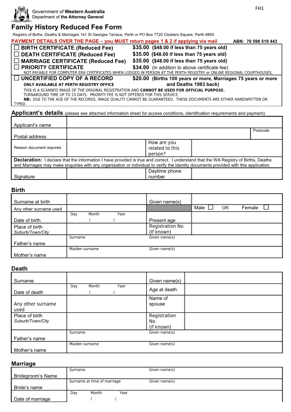 Application for a Birth, Death Or Marriage Certificate