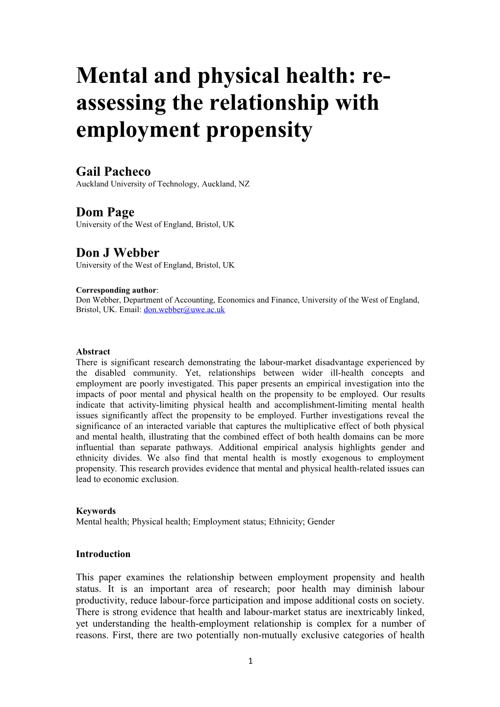 Mental and Physical Health:Re-Assessingthe Relationship with Employment Propensity