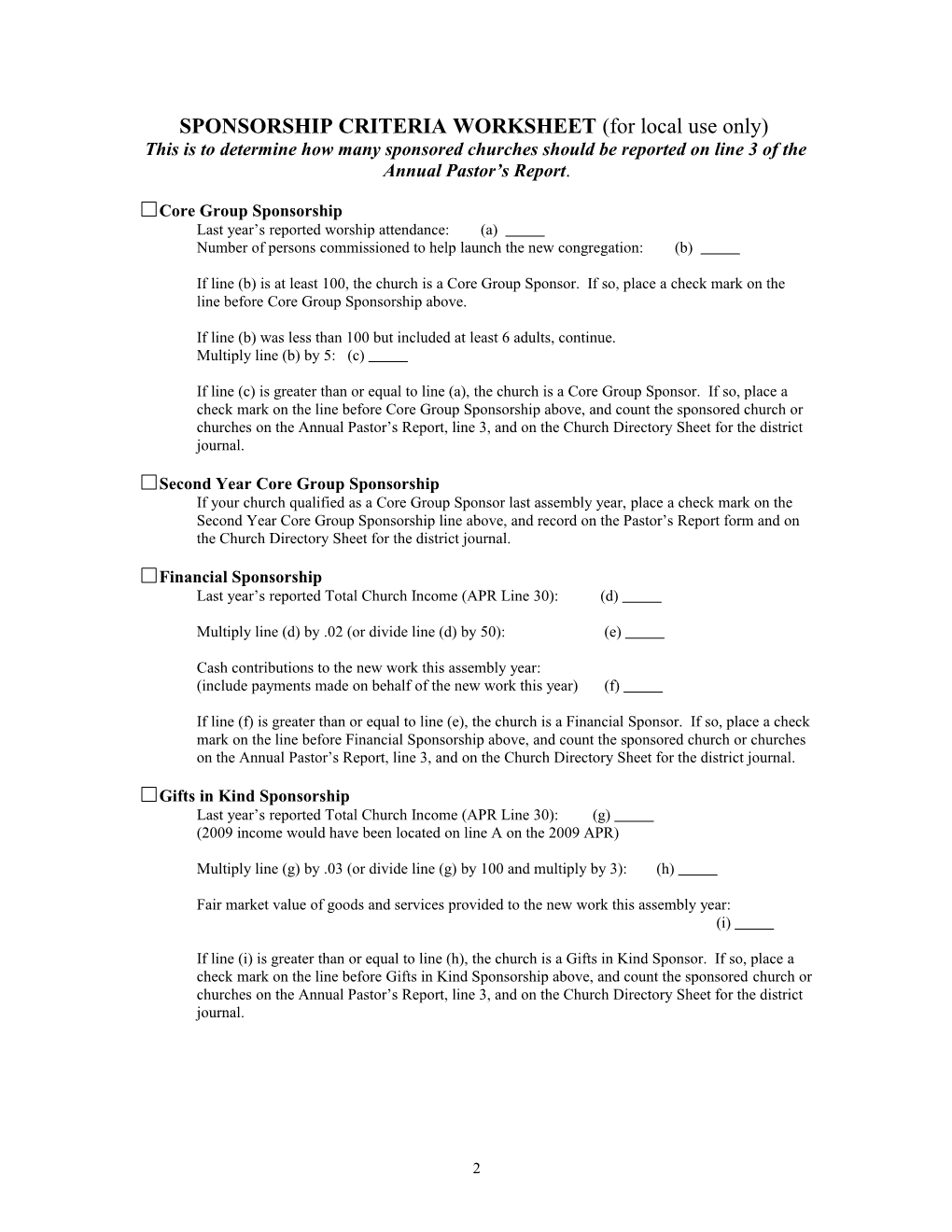 SPONSORSHIP CRITERIA WORKSHEET (For Local Use Only)