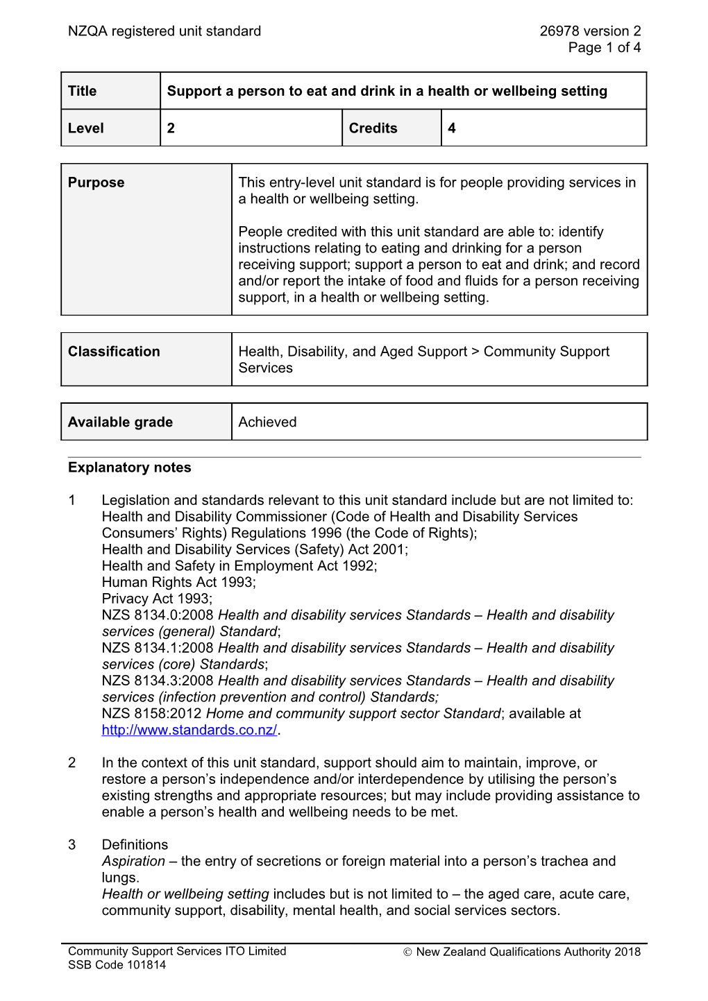 26978 Support a Person to Eat and Drink in a Health Or Wellbeing Setting